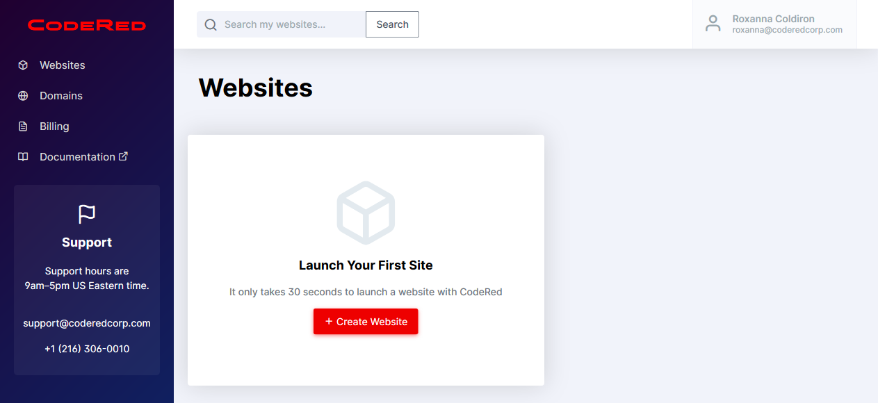 Website dashboard landing screenshot