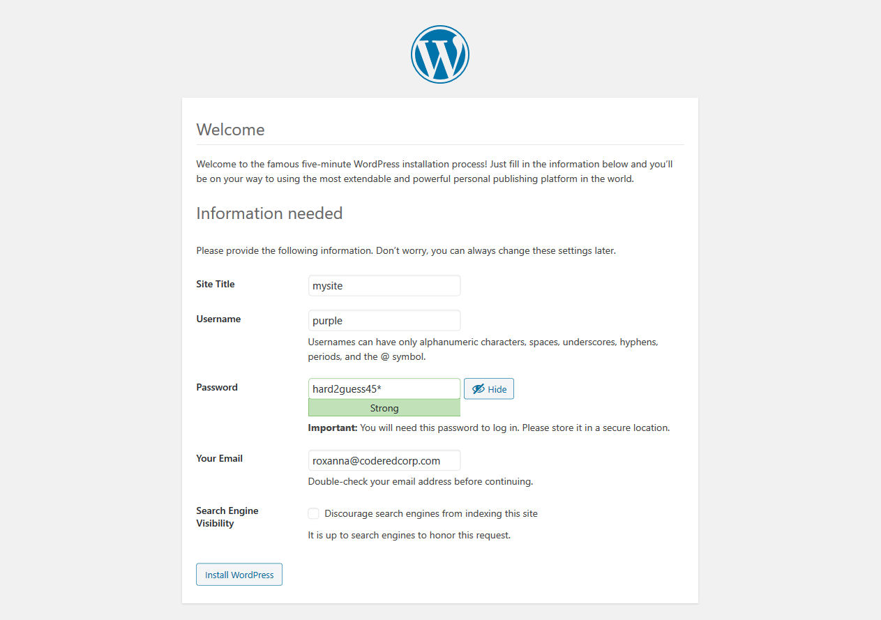 WordPress setup screenshot