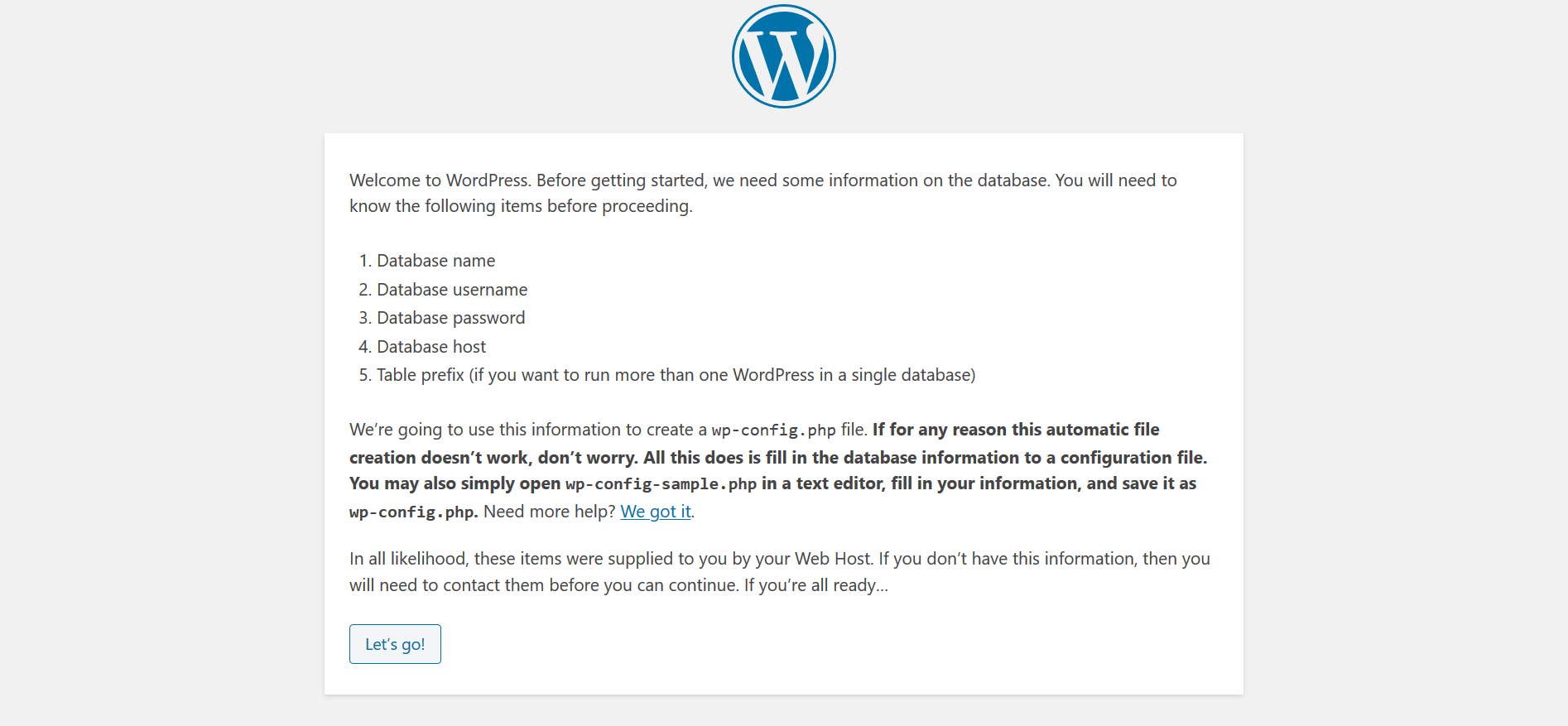WordPress setup screenshot